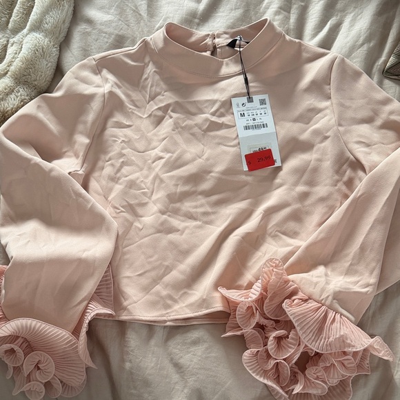 Zara Tops - Zara Light Pink Mock Neck Blouse with Ruffle Cuffs